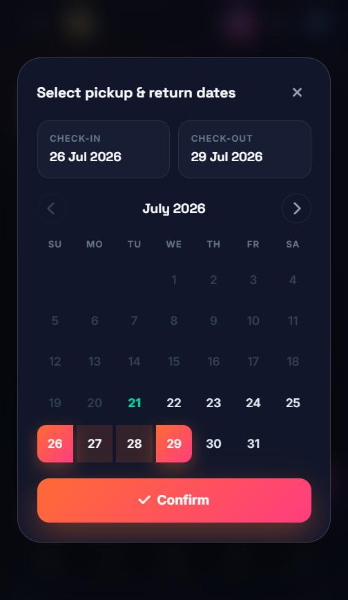 Fast hotel booking date picker in the Tratok mobile app with a selected range