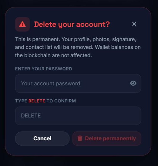 The account deletion screen in Tratok with two-factor confirmation protecting the traveller