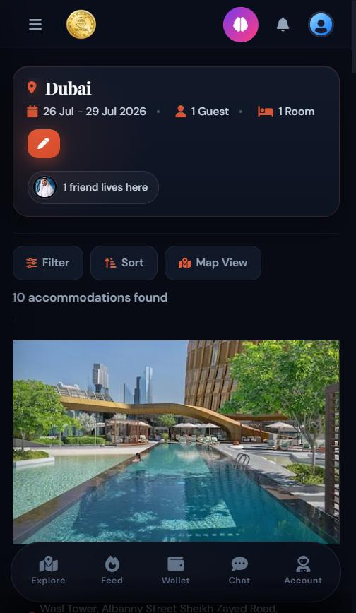 Dubai hotel search results with social travel signal showing a friend lives in the city