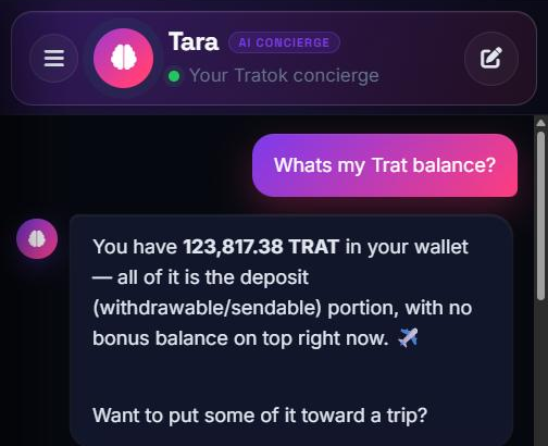 Tara AI concierge answering a TRAT balance question with the exact wallet figure