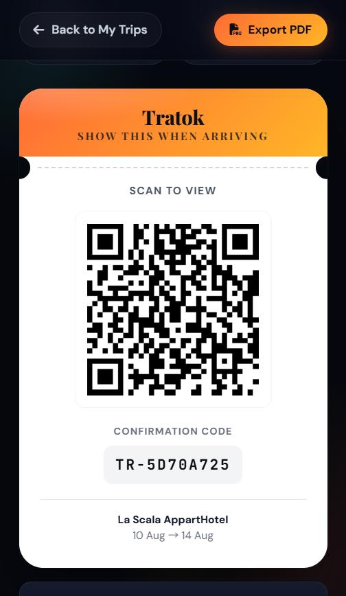 Tratok QR code check-in arrival pass shown at the hotel front desk