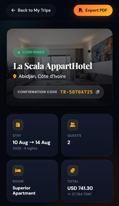 Confirmed hotel booking detail with confirmation code, dates, guests and dual currency total