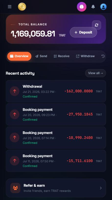 The Tratok crypto travel wallet showing the total TRAT balance and a labelled activity ledger