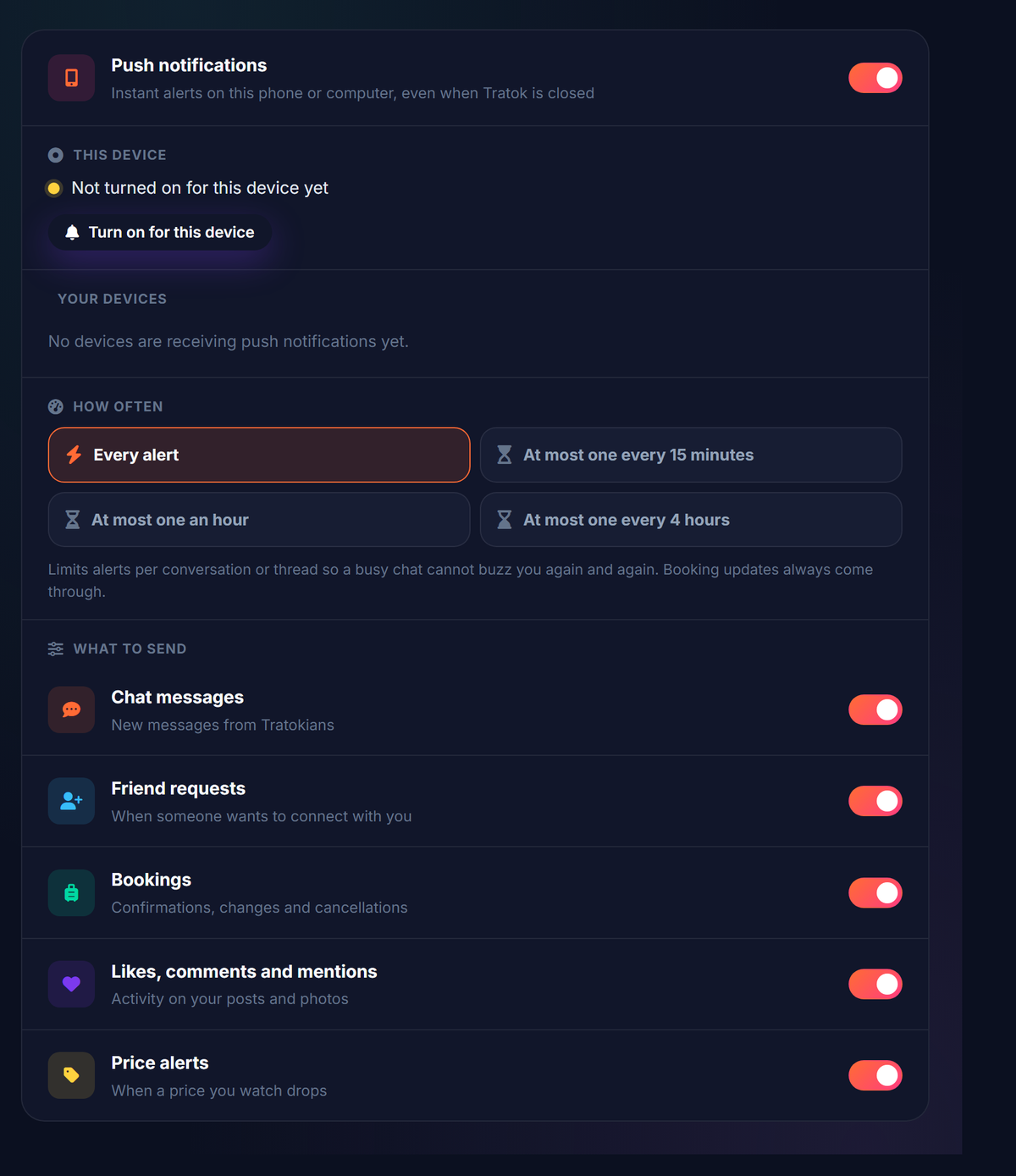 The push notification settings on tratok.net: master toggle, per device control, how often, and what to send