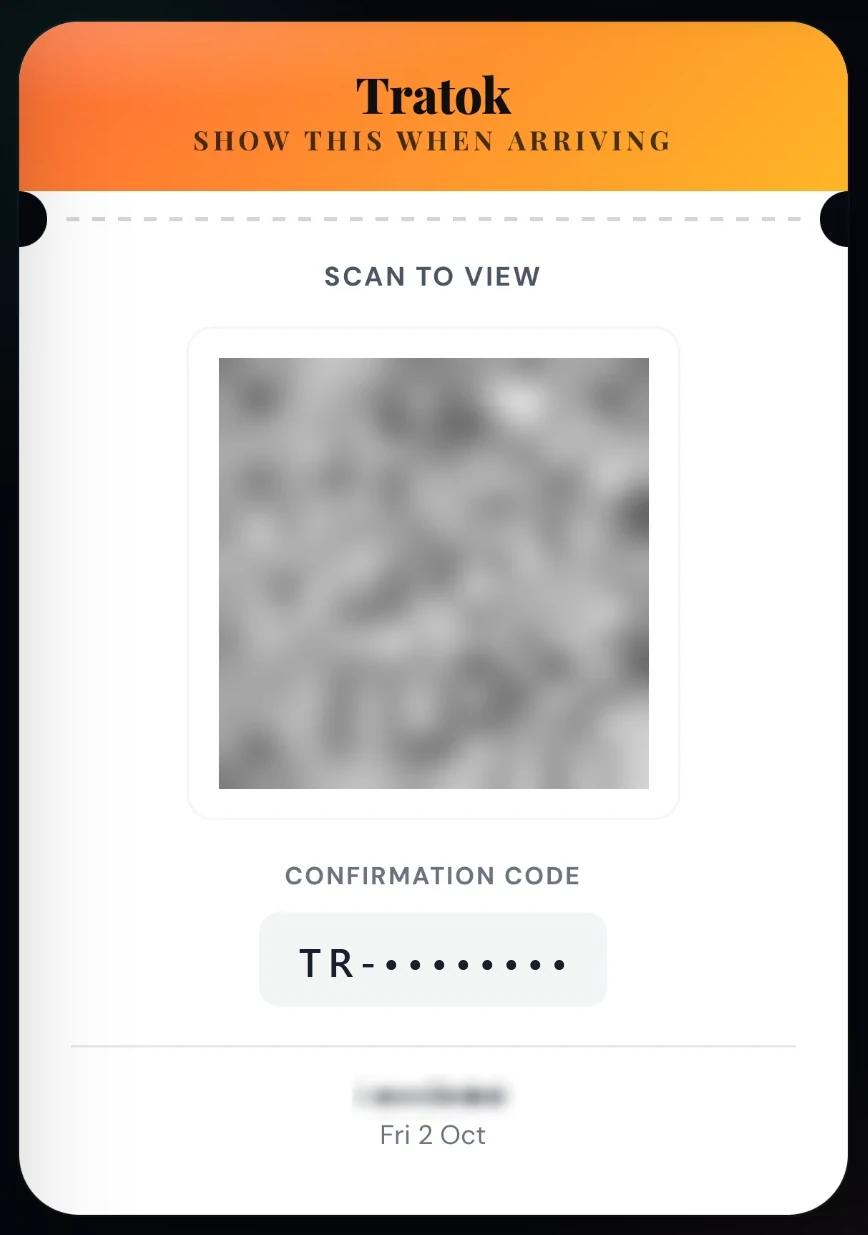 Tratok arrival pass reading Show this when arriving, dated Friday 2 October, with the QR code, booking code and venue name hidden