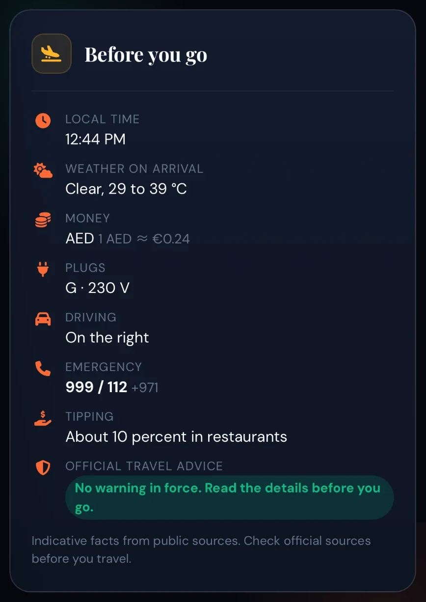 Tratok booking screen Before you go, with local time, weather on arrival, currency, plugs, driving side, emergency numbers, tipping and official travel advice for Dubai