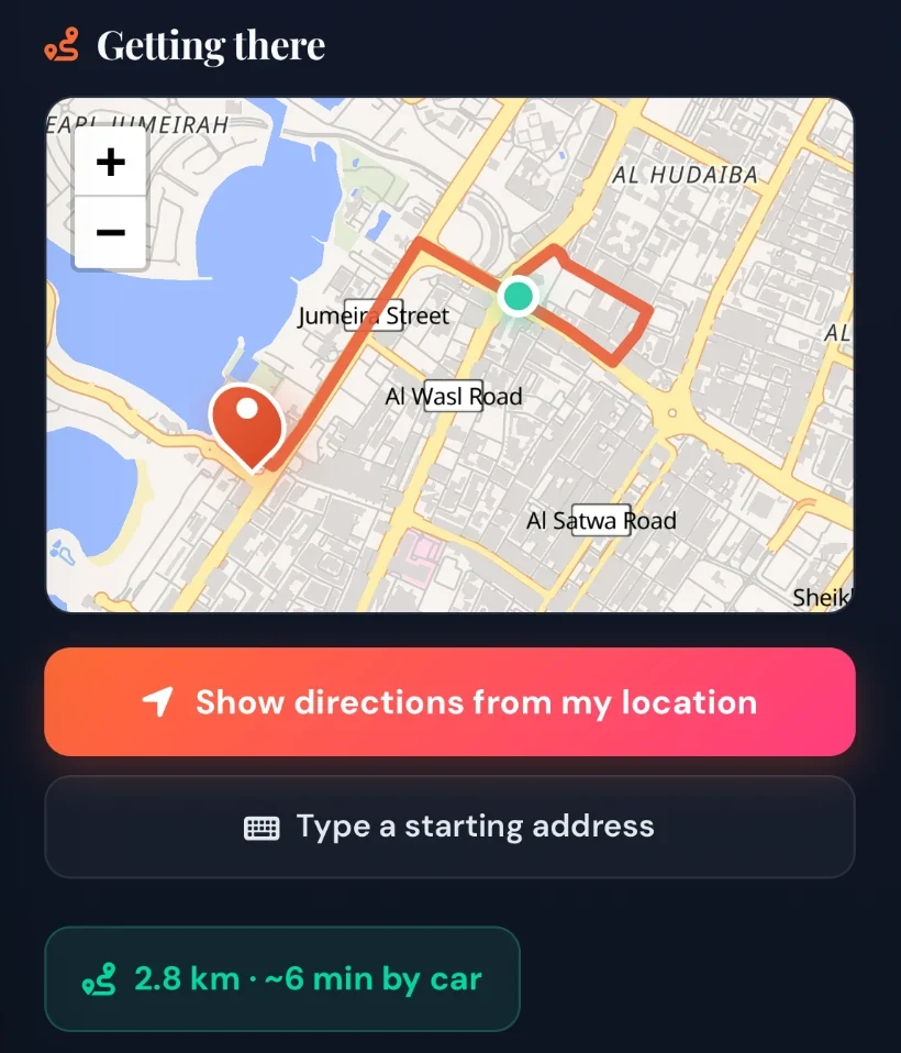 Tratok Getting there map in Dubai with the driving route from the guest's location to a partner venue, 2.8 km and about 6 minutes by car