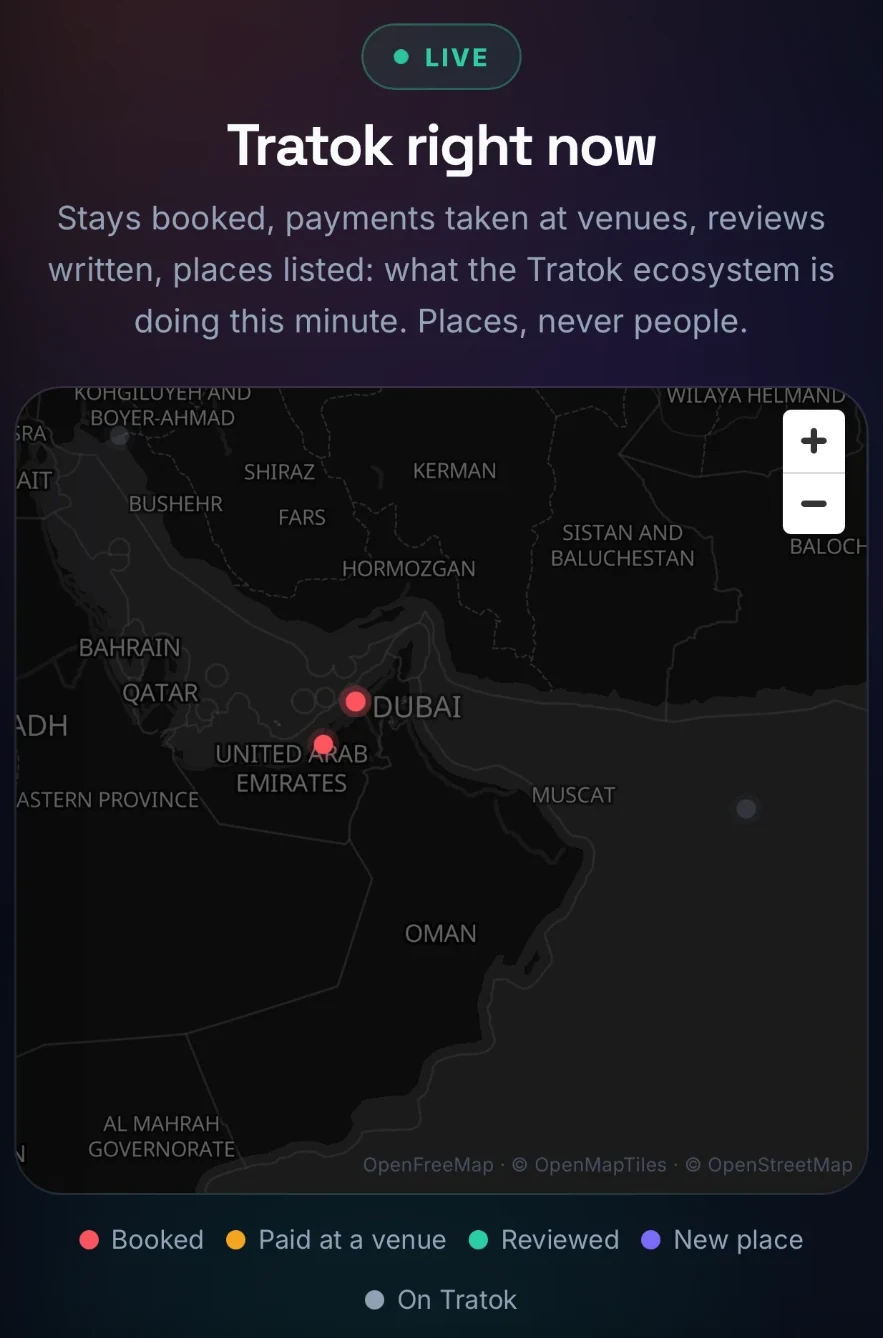 Tratok right now, the live map of bookings, venue payments, reviews and new places, with bookings pinned over the UAE