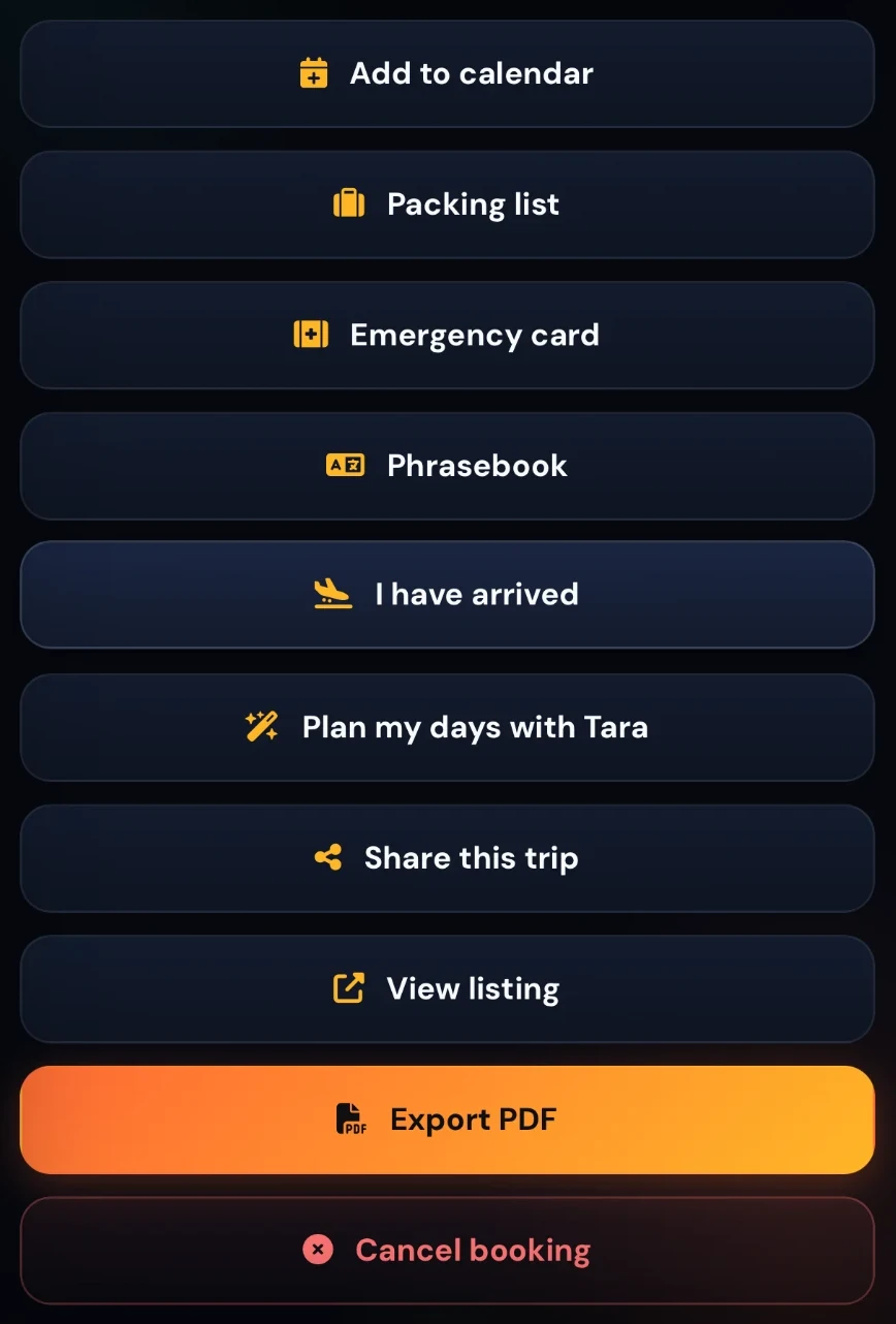 Tratok booking tools: add to calendar, packing list, emergency card, phrasebook, I have arrived, plan my days with Tara, share this trip, view listing, export PDF and cancel booking